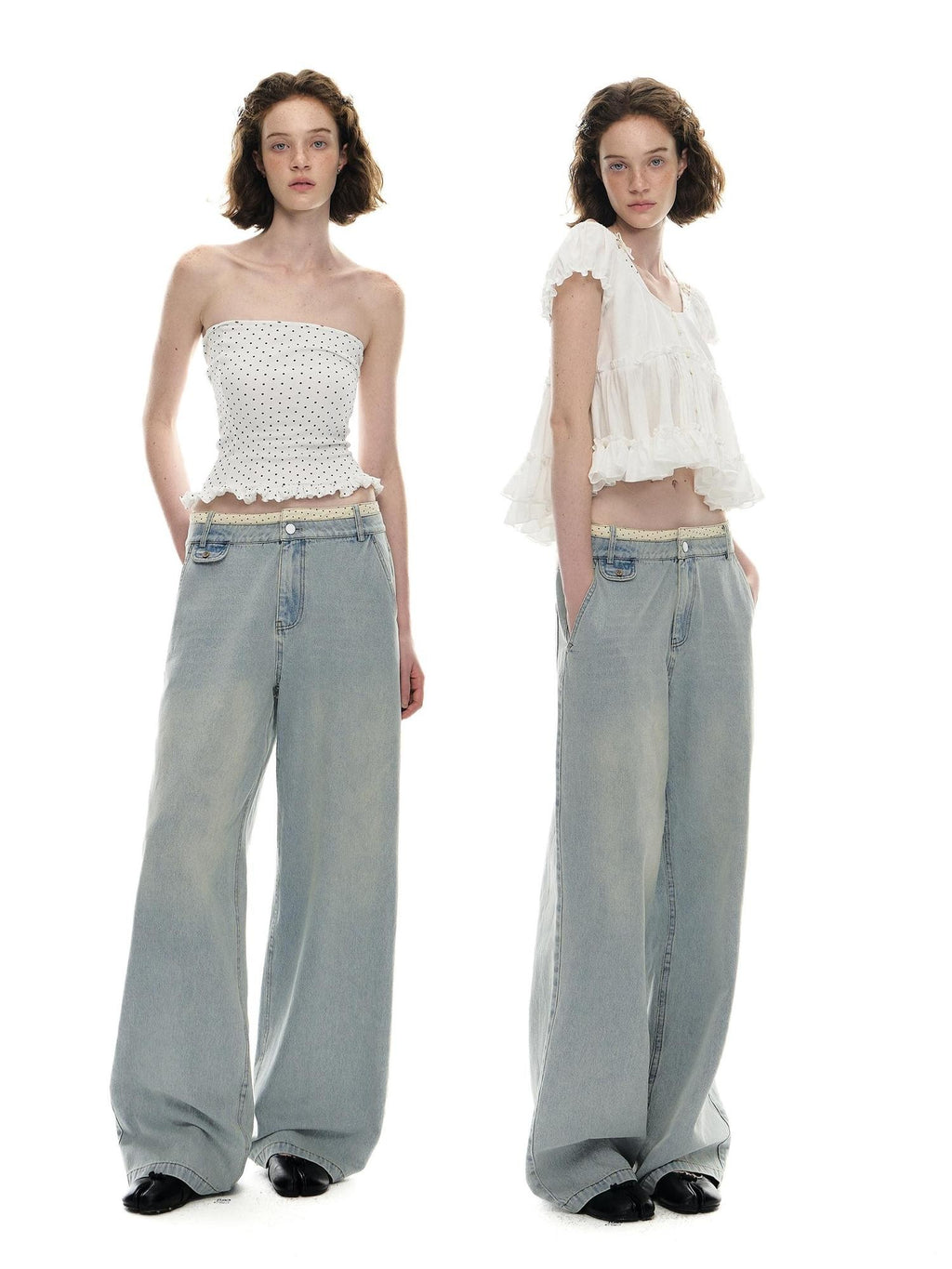 Romance Nanci Washed Light Blue Contrast Waistband Low Rise Loose Women's Straight-leg Jeans