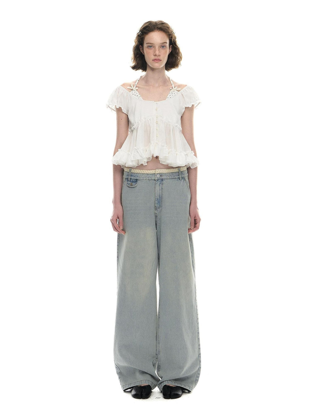 Romance Nanci Washed Light Blue Contrast Waistband Low Rise Loose Women's Straight-leg Jeans