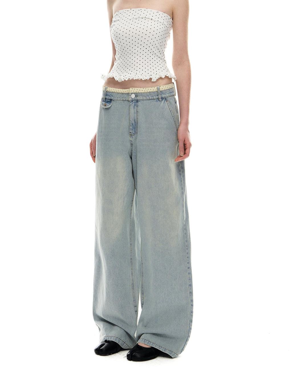 Romance Nanci Washed Light Blue Contrast Waistband Low Rise Loose Women's Straight-leg Jeans
