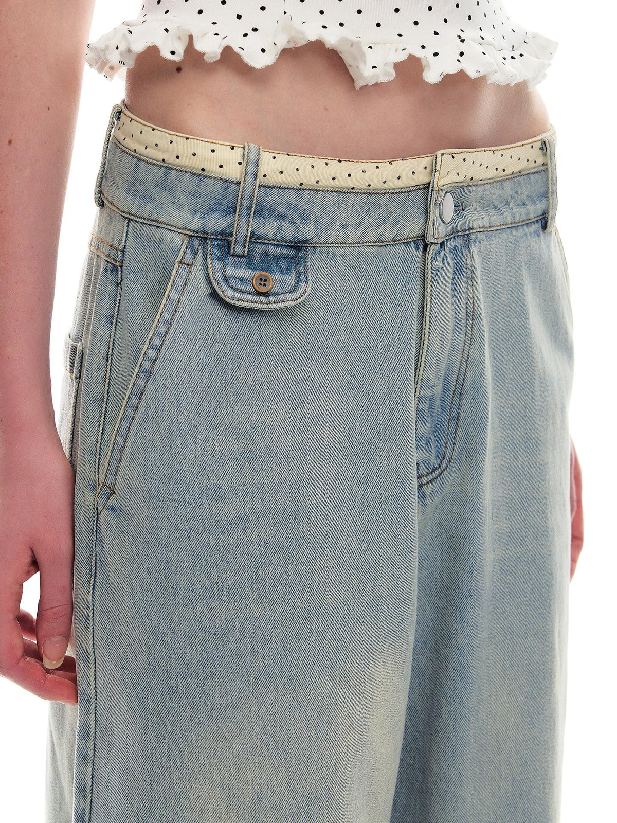 Romance Nanci Washed Light Blue Contrast Waistband Low Rise Loose Women's Straight-leg Jeans