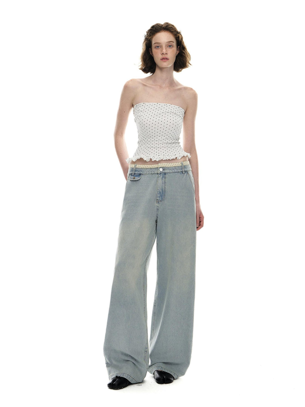 Romance Nanci Washed Light Blue Contrast Waistband Low Rise Loose Women's Straight-leg Jeans