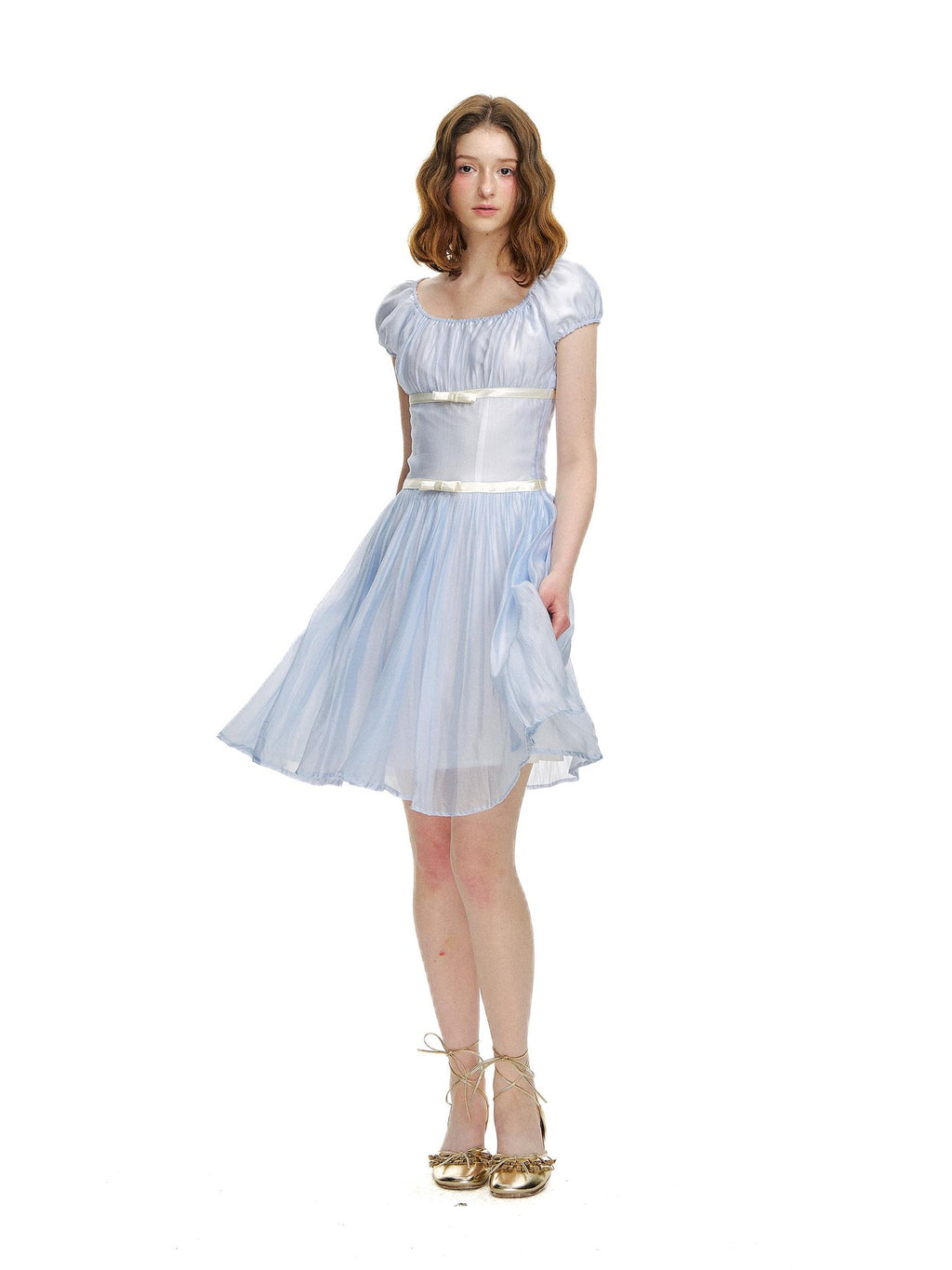 Romance Nanci Water Blue Pleated Tie Waist Puff Sleeve Women's Casual Mini Dresses