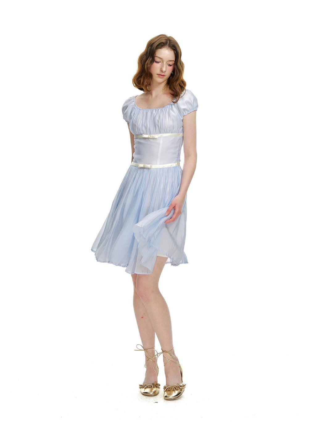 Romance Nanci Water Blue Pleated Tie Waist Puff Sleeve Women's Casual Mini Dresses