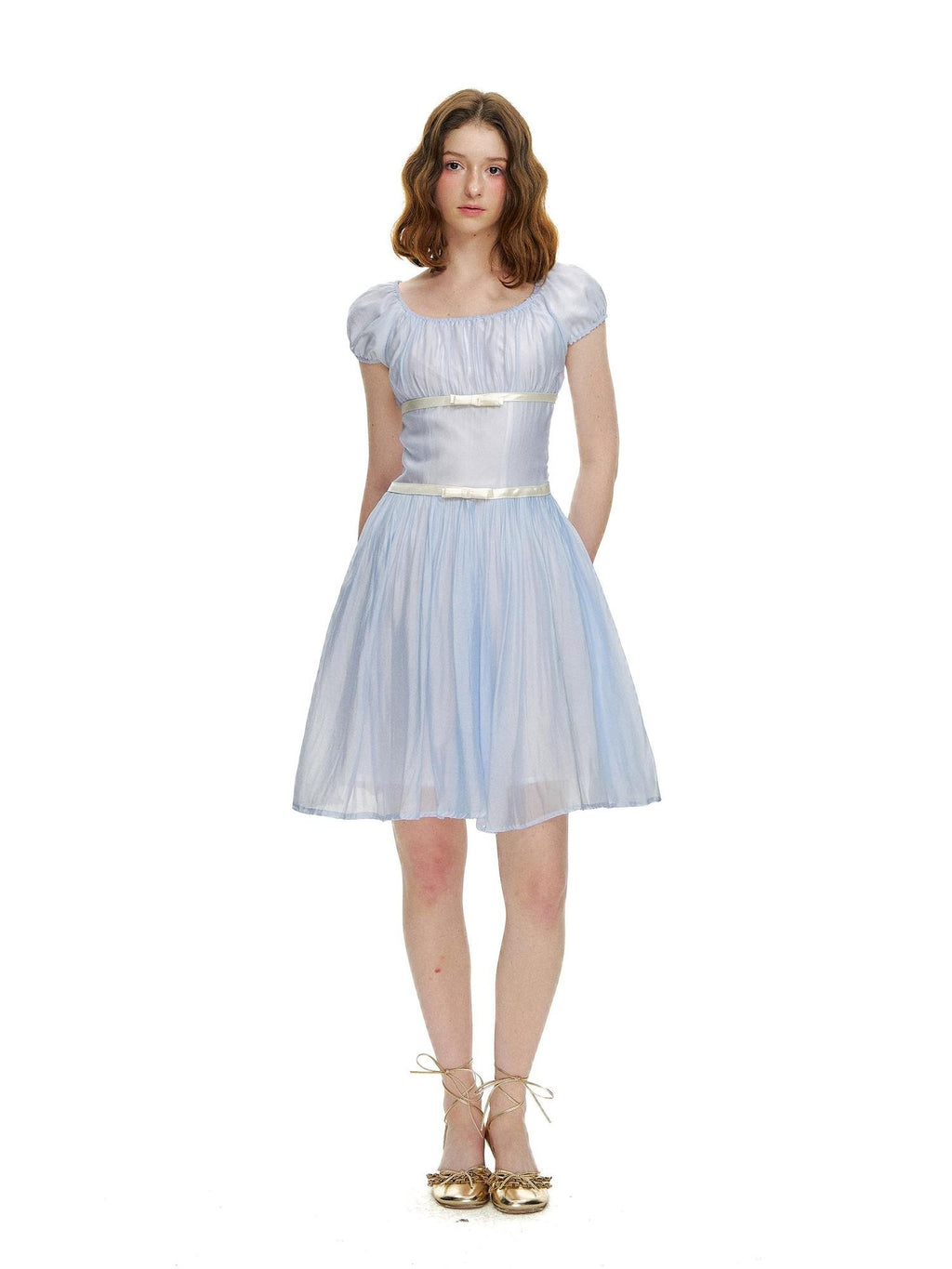 Romance Nanci Water Blue Pleated Tie Waist Puff Sleeve Women's Casual Mini Dresses