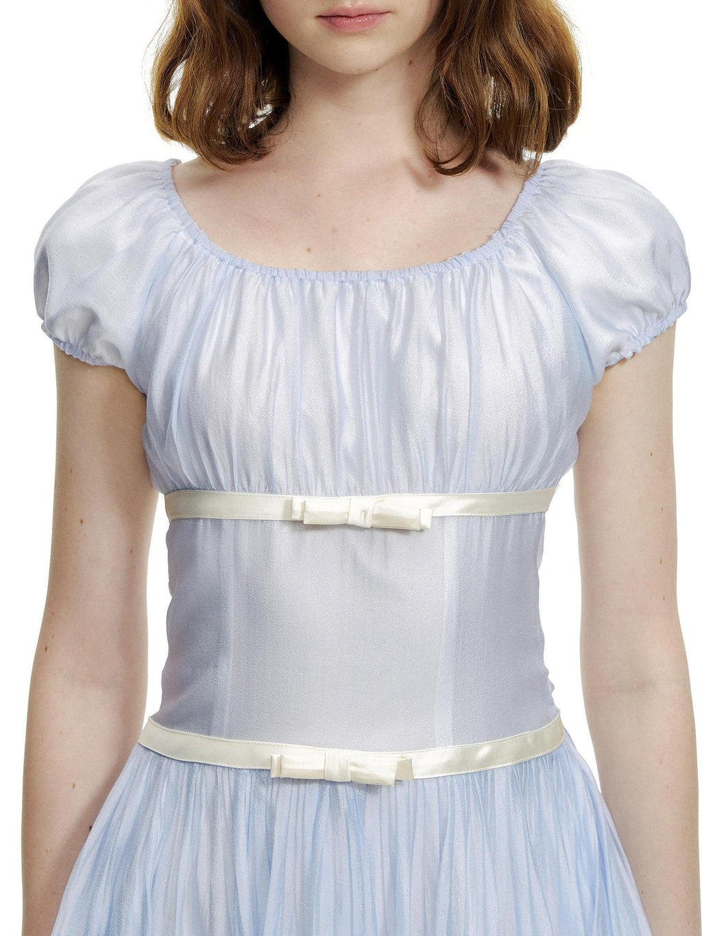Romance Nanci Water Blue Pleated Tie Waist Puff Sleeve Women's Casual Mini Dresses