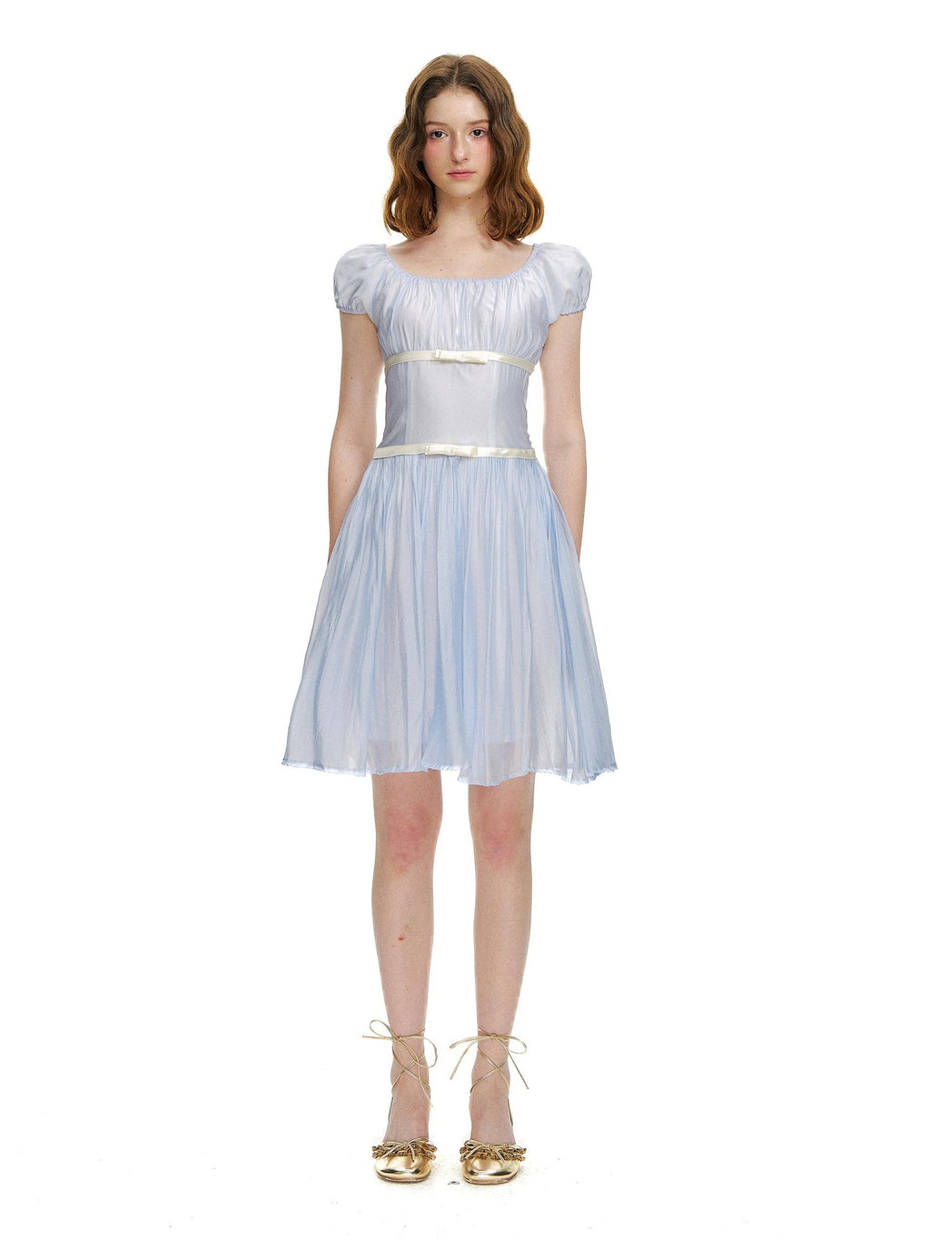 Romance Nanci Water Blue Pleated Tie Waist Puff Sleeve Women's Casual Mini Dresses