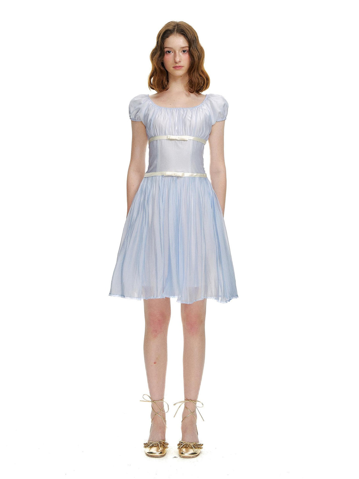 Romance Nanci Water Blue Pleated Tie Waist Puff Sleeve Women's Casual Mini Dresses