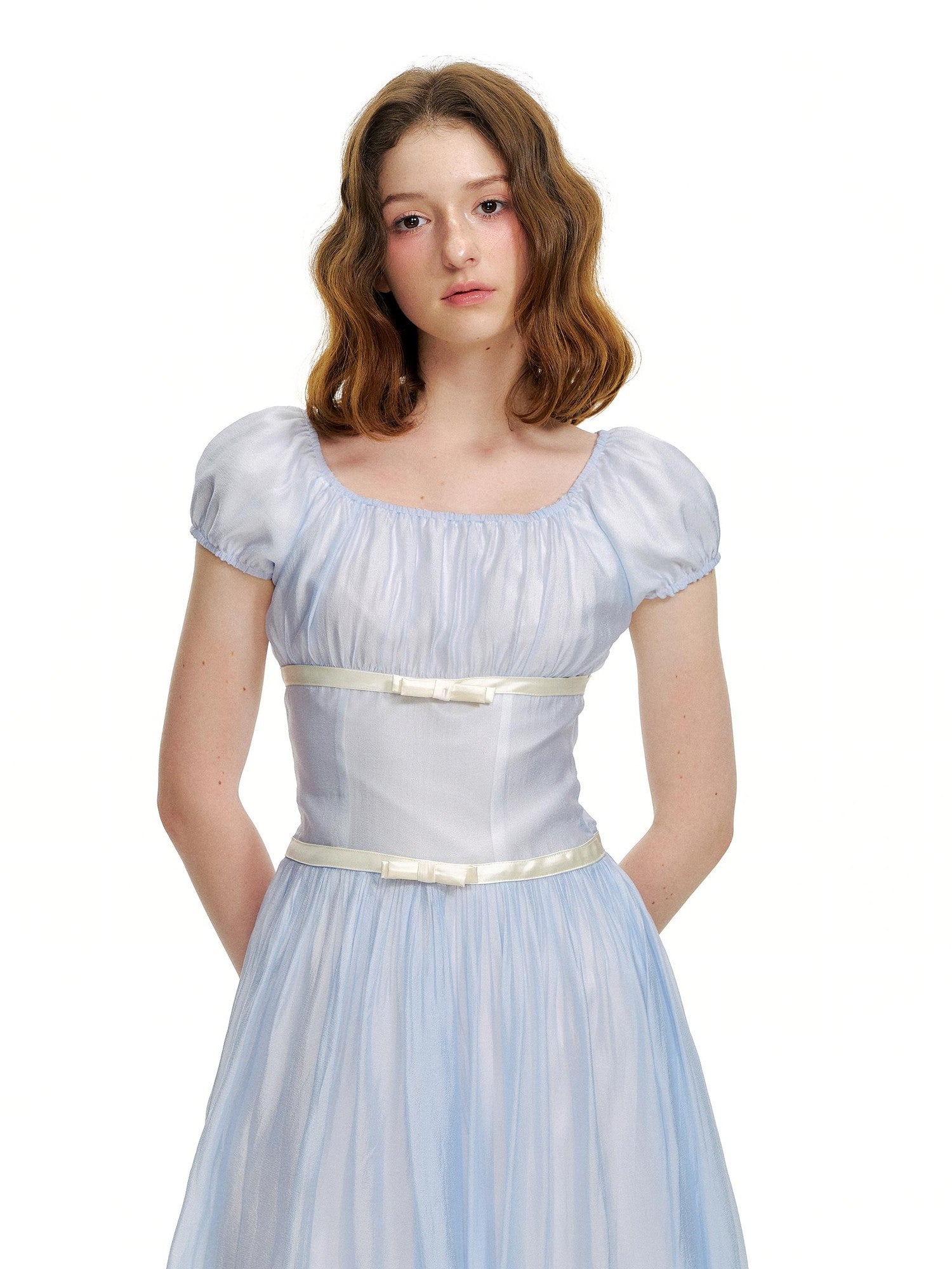 Romance Nanci Water Blue Pleated Tie Waist Puff Sleeve Women's Casual Mini Dresses