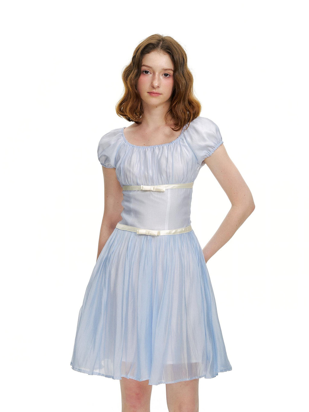 Romance Nanci Water Blue Pleated Tie Waist Puff Sleeve Women's Casual Mini Dresses