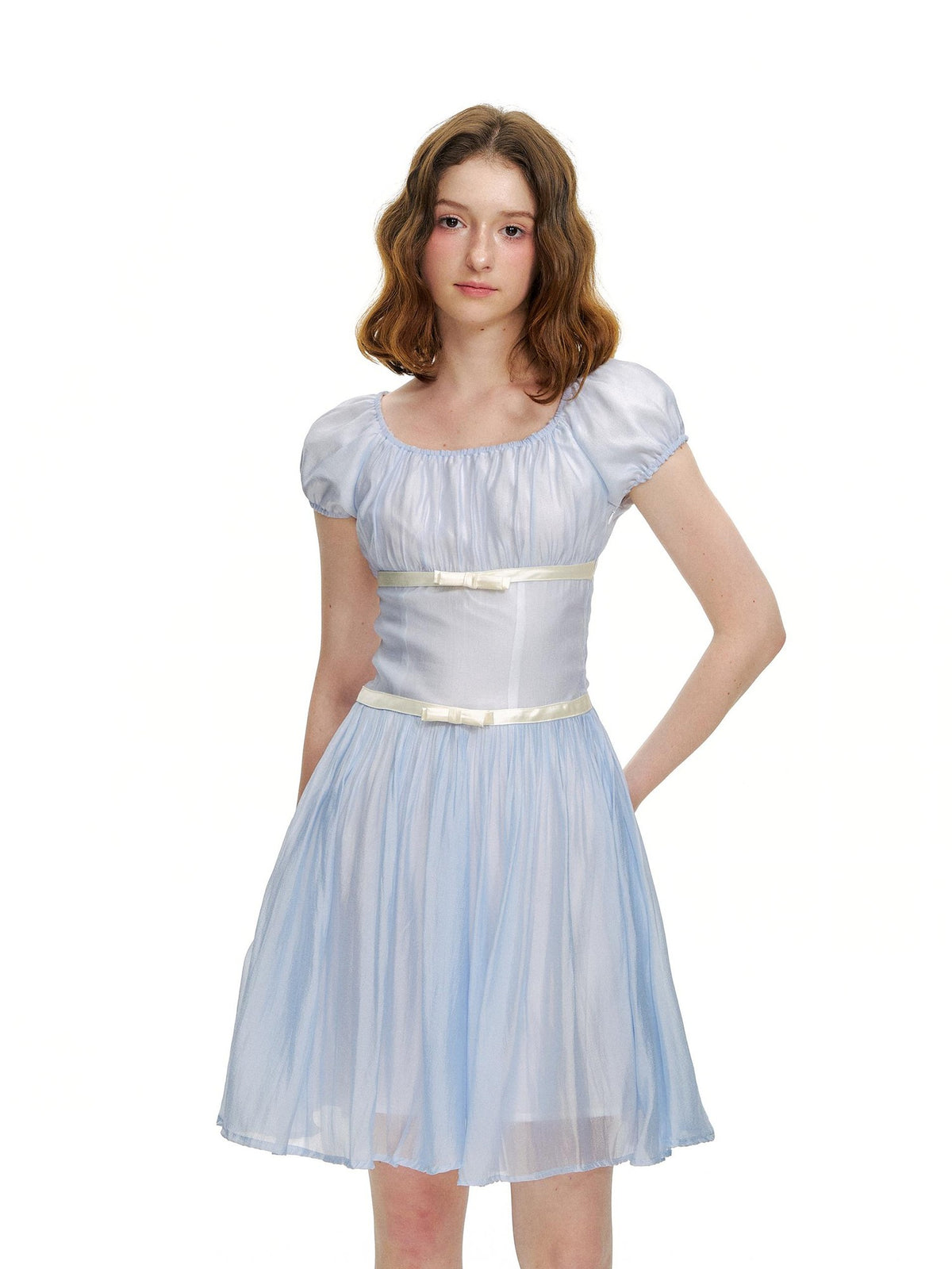 Romance Nanci Water Blue Pleated Tie Waist Puff Sleeve Women's Casual Mini Dresses