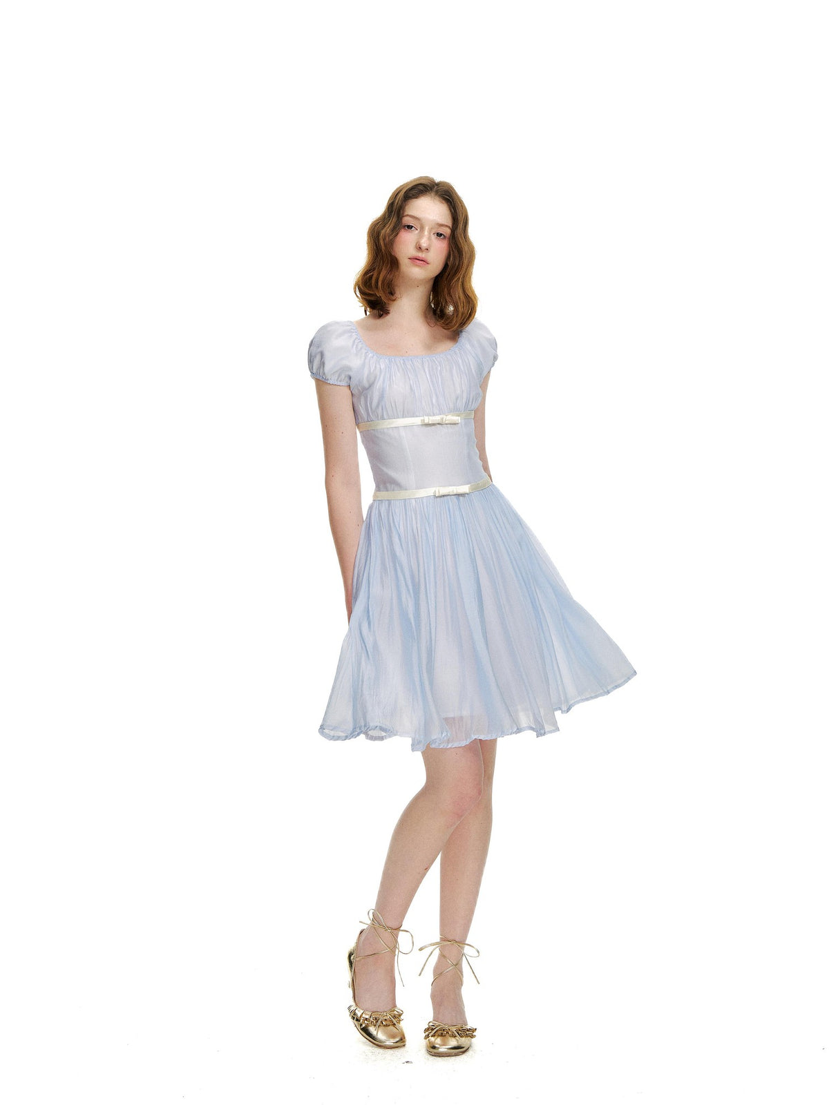 Romance Nanci Water Blue Pleated Tie Waist Puff Sleeve Women's Casual Mini Dresses