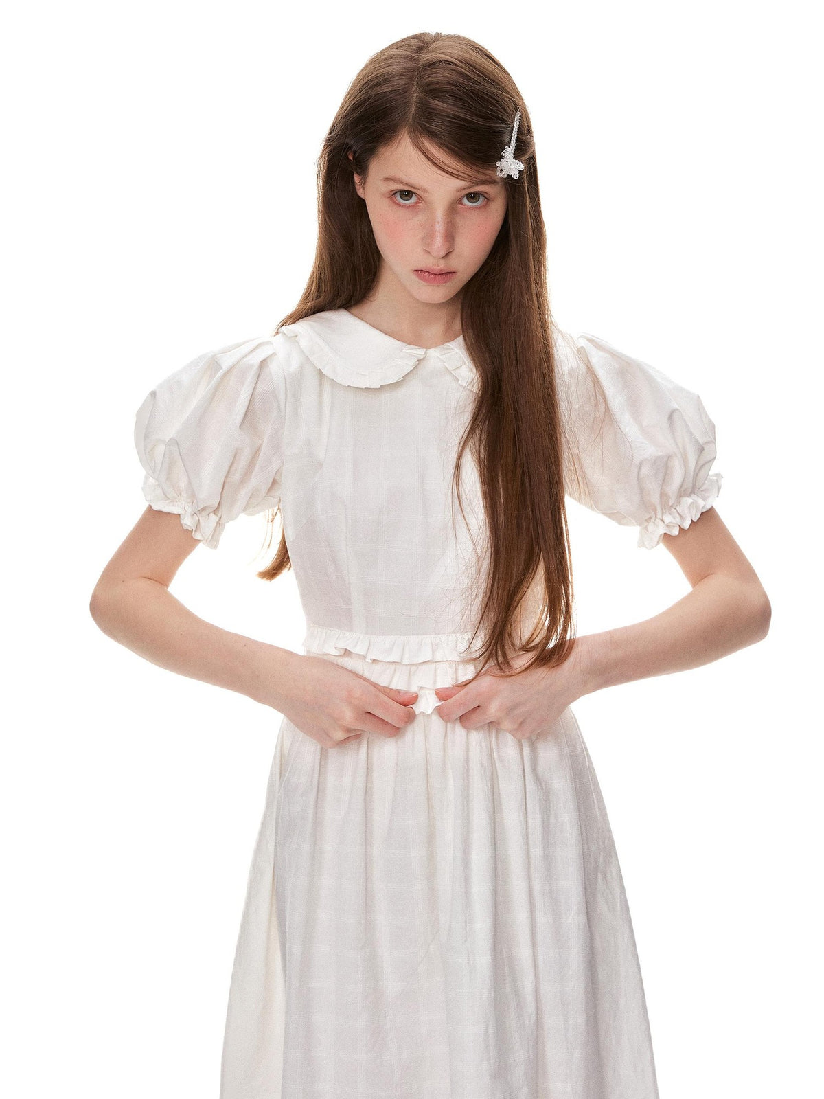 Romance Nanci White Textured Ruffle Pleat Doll Collar Women's Cotton Babydoll Midi Dresses