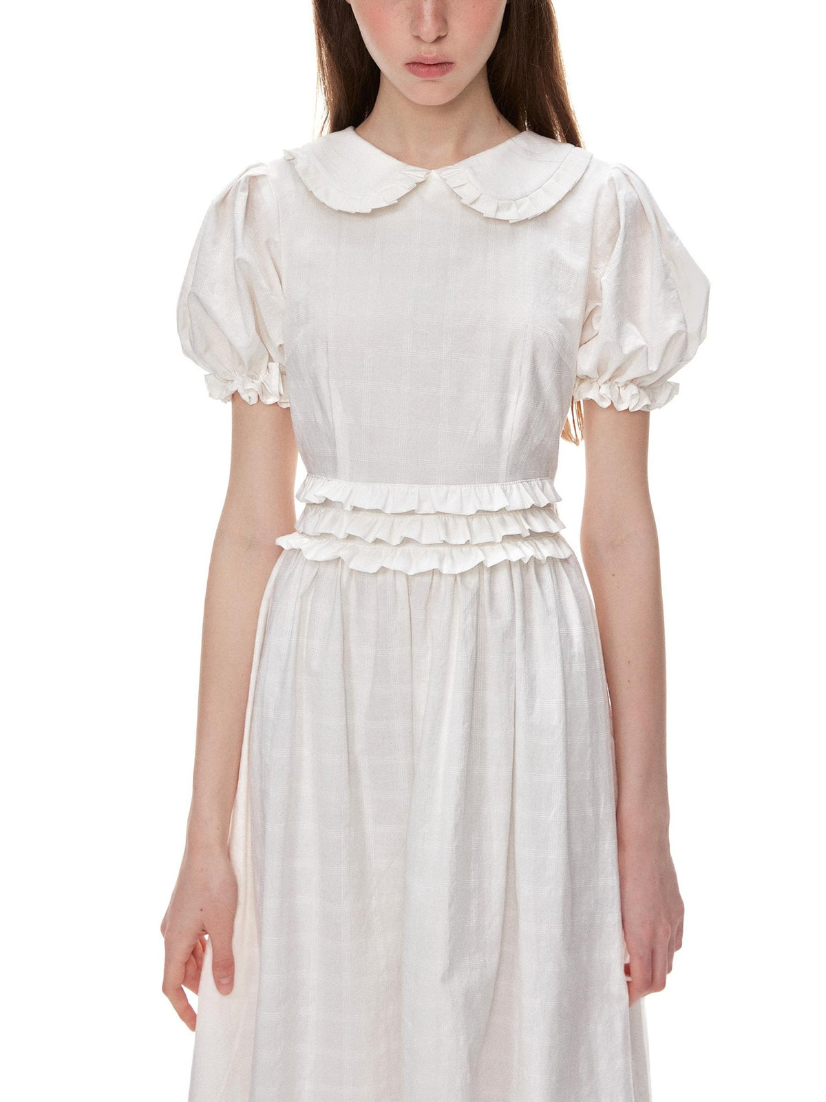 Romance Nanci White Textured Ruffle Pleat Doll Collar Women's Cotton Babydoll Midi Dresses