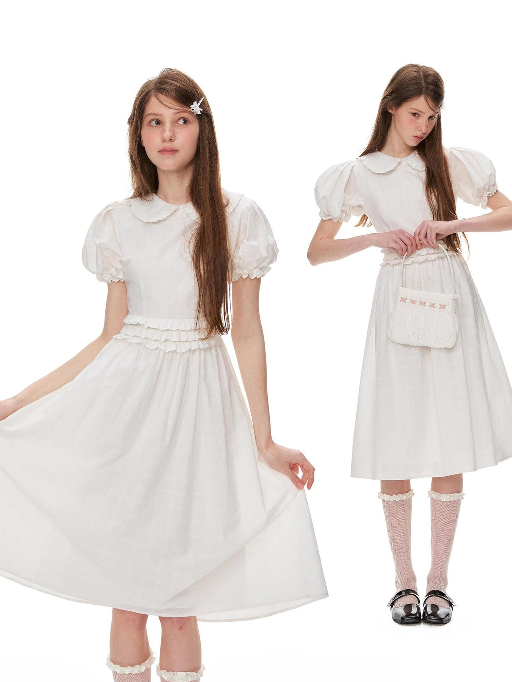 Romance Nanci White Textured Ruffle Pleat Doll Collar Women's Cotton Babydoll Midi Dresses