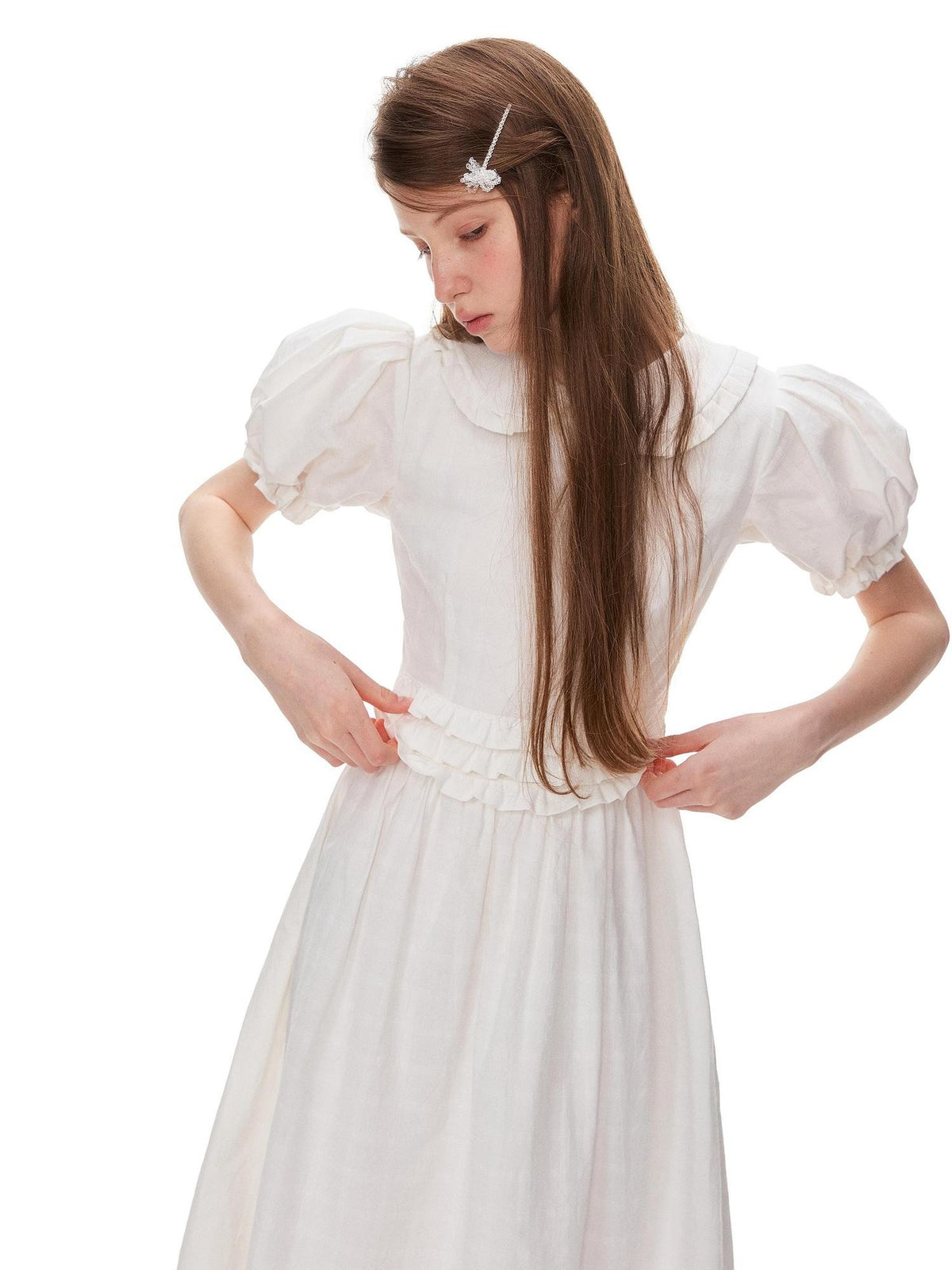 Romance Nanci White Textured Ruffle Pleat Doll Collar Women's Cotton Babydoll Midi Dresses