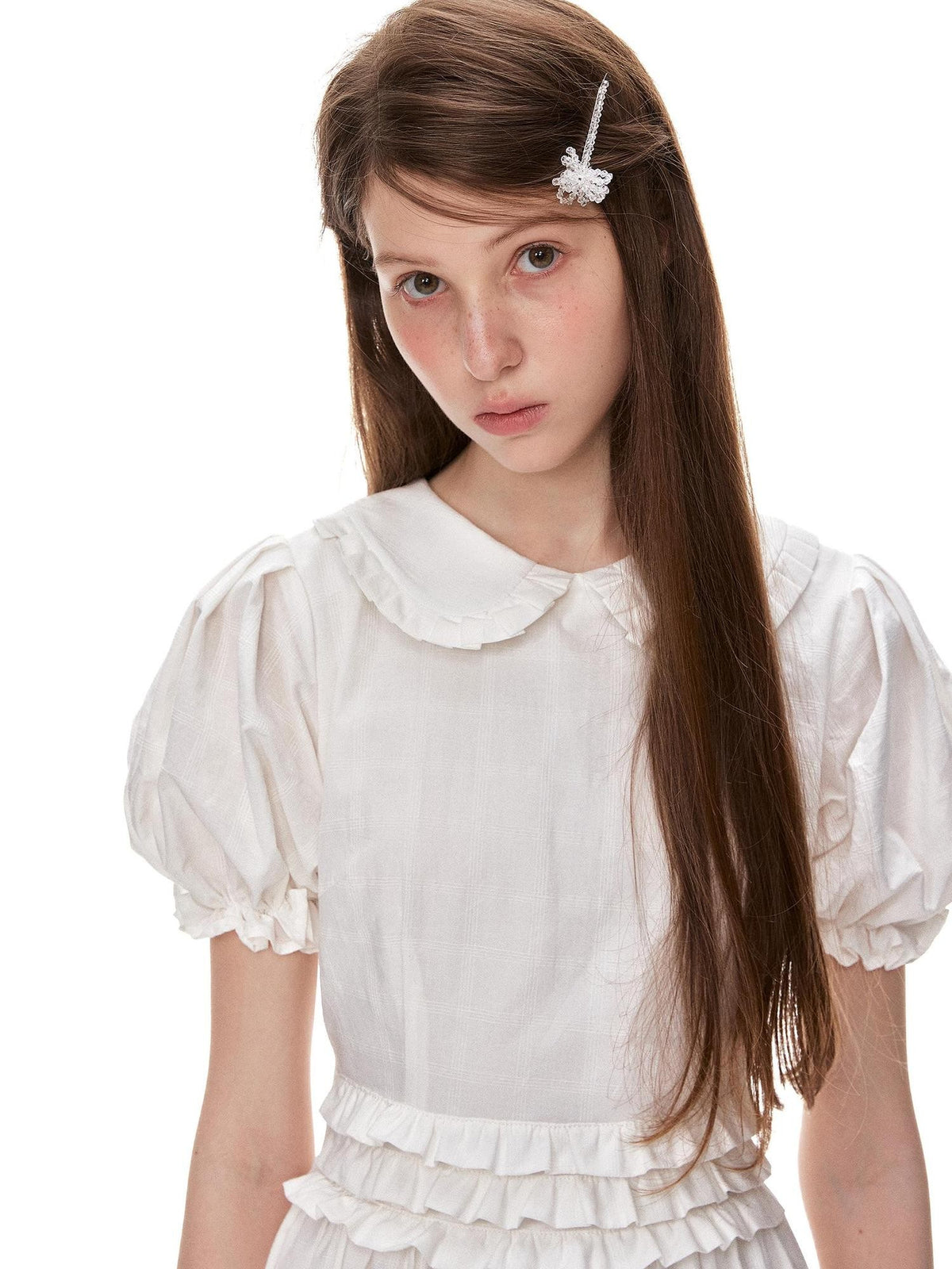 Romance Nanci White Textured Ruffle Pleat Doll Collar Women's Cotton Babydoll Midi Dresses