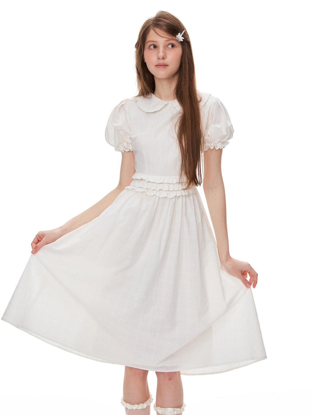 Romance Nanci White Textured Ruffle Pleat Doll Collar Women's Cotton Babydoll Midi Dresses