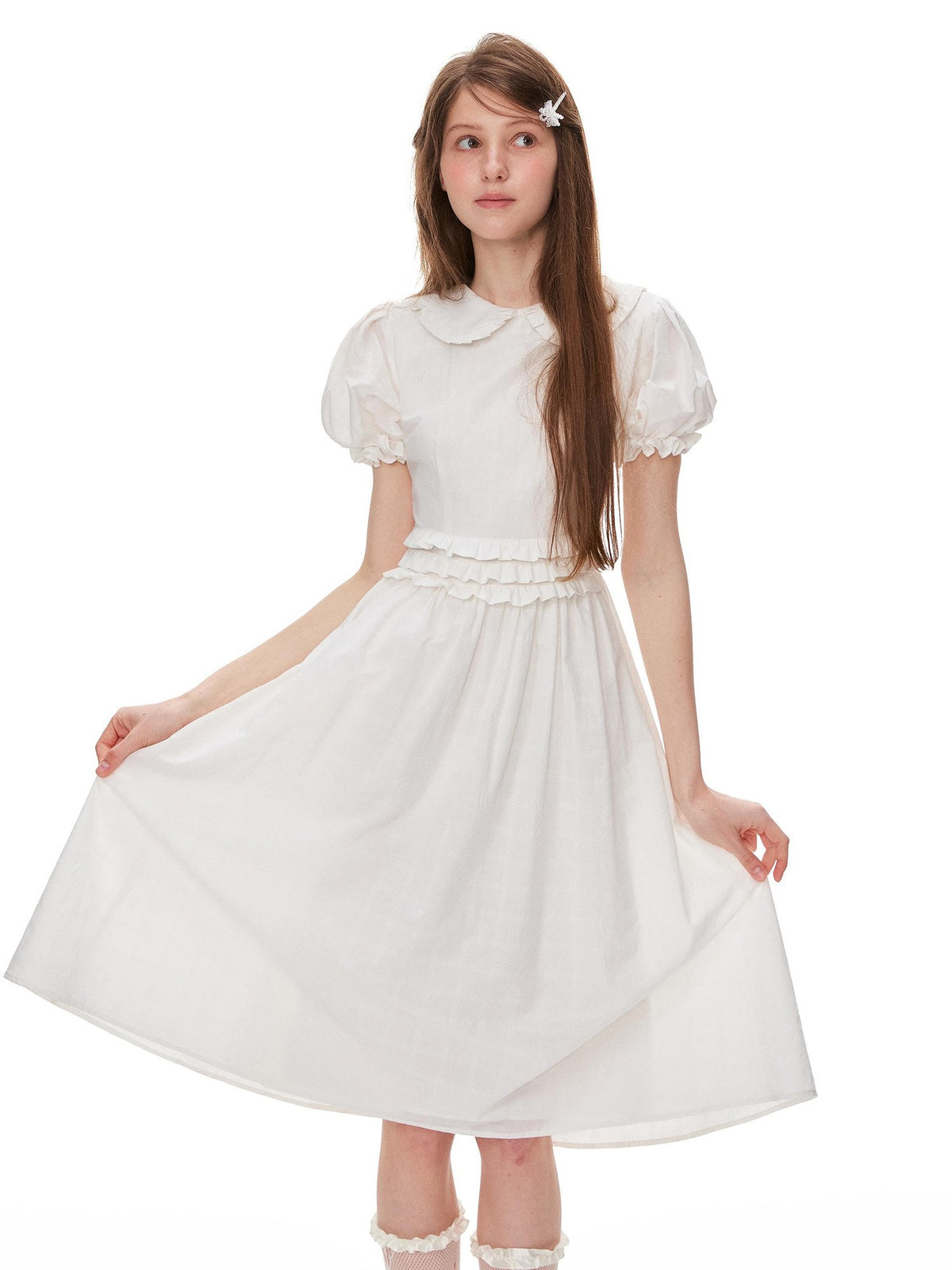 Romance Nanci White Textured Ruffle Pleat Doll Collar Women's Cotton Babydoll Midi Dresses