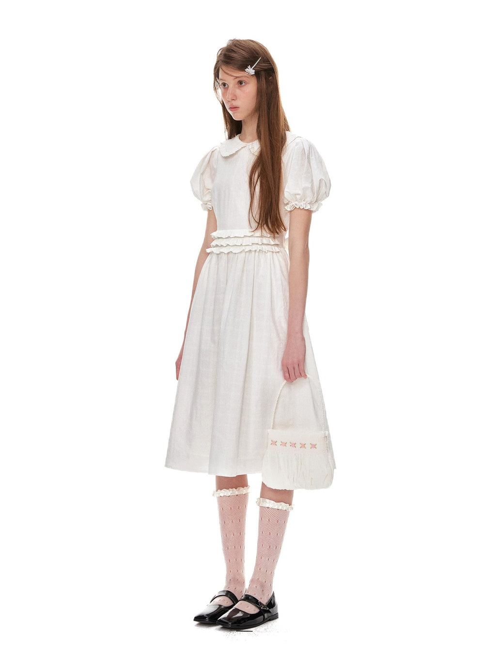 Romance Nanci White Textured Ruffle Pleat Doll Collar Women's Cotton Babydoll Midi Dresses