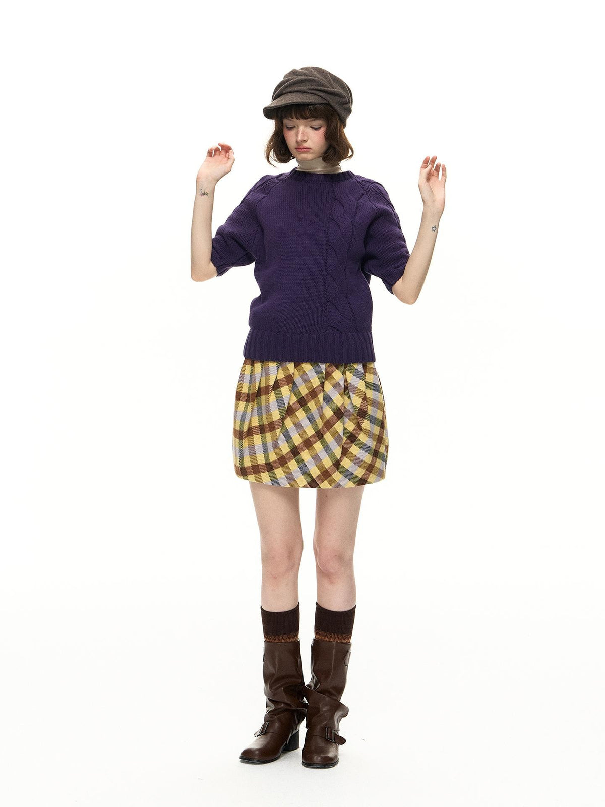 Romance Nanci Yellow Purple Plaid Pleated Pumpkin Women's Polyester Mini Skirts