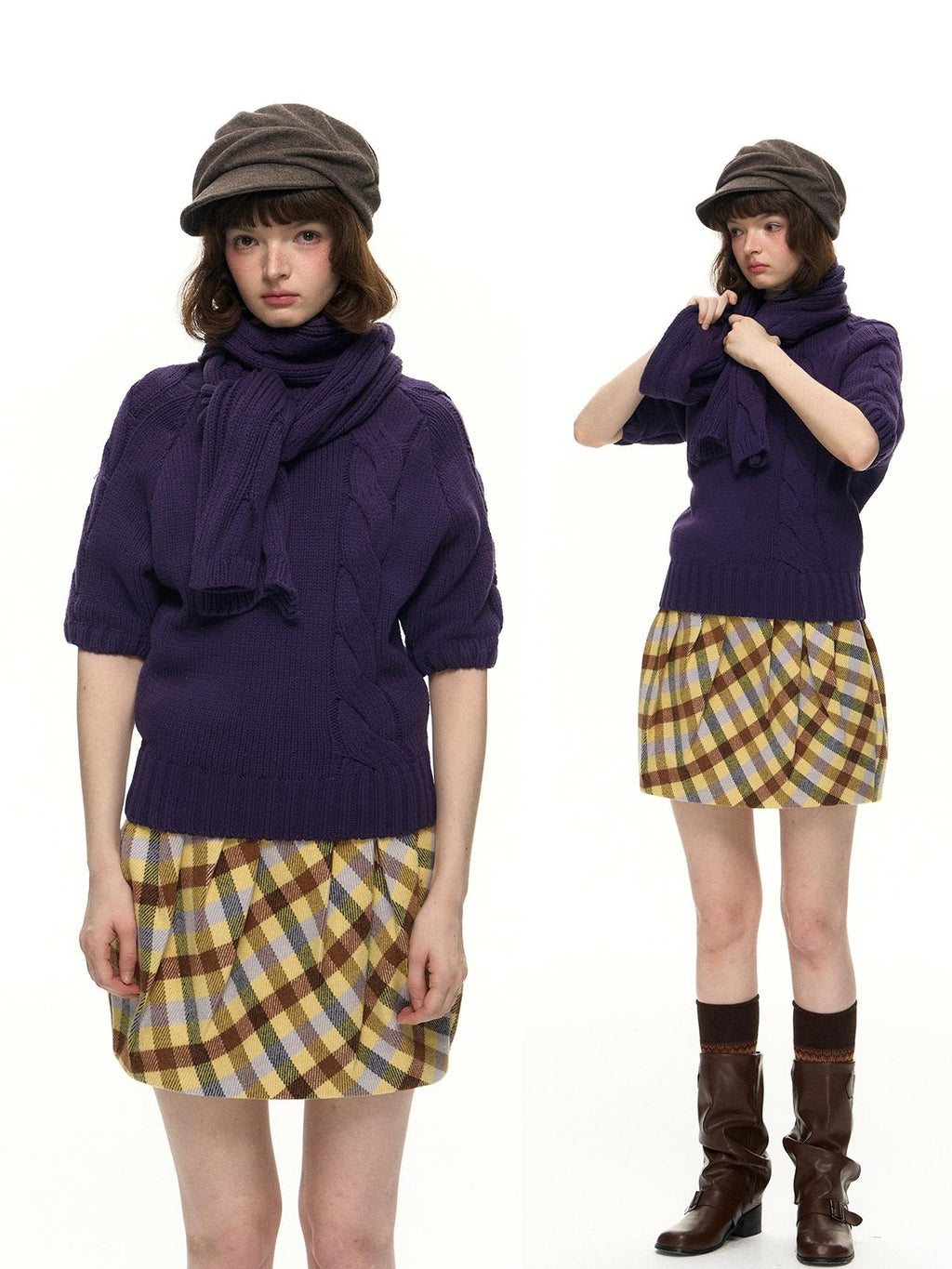 Romance Nanci Yellow Purple Plaid Pleated Pumpkin Women's Polyester Mini Skirts