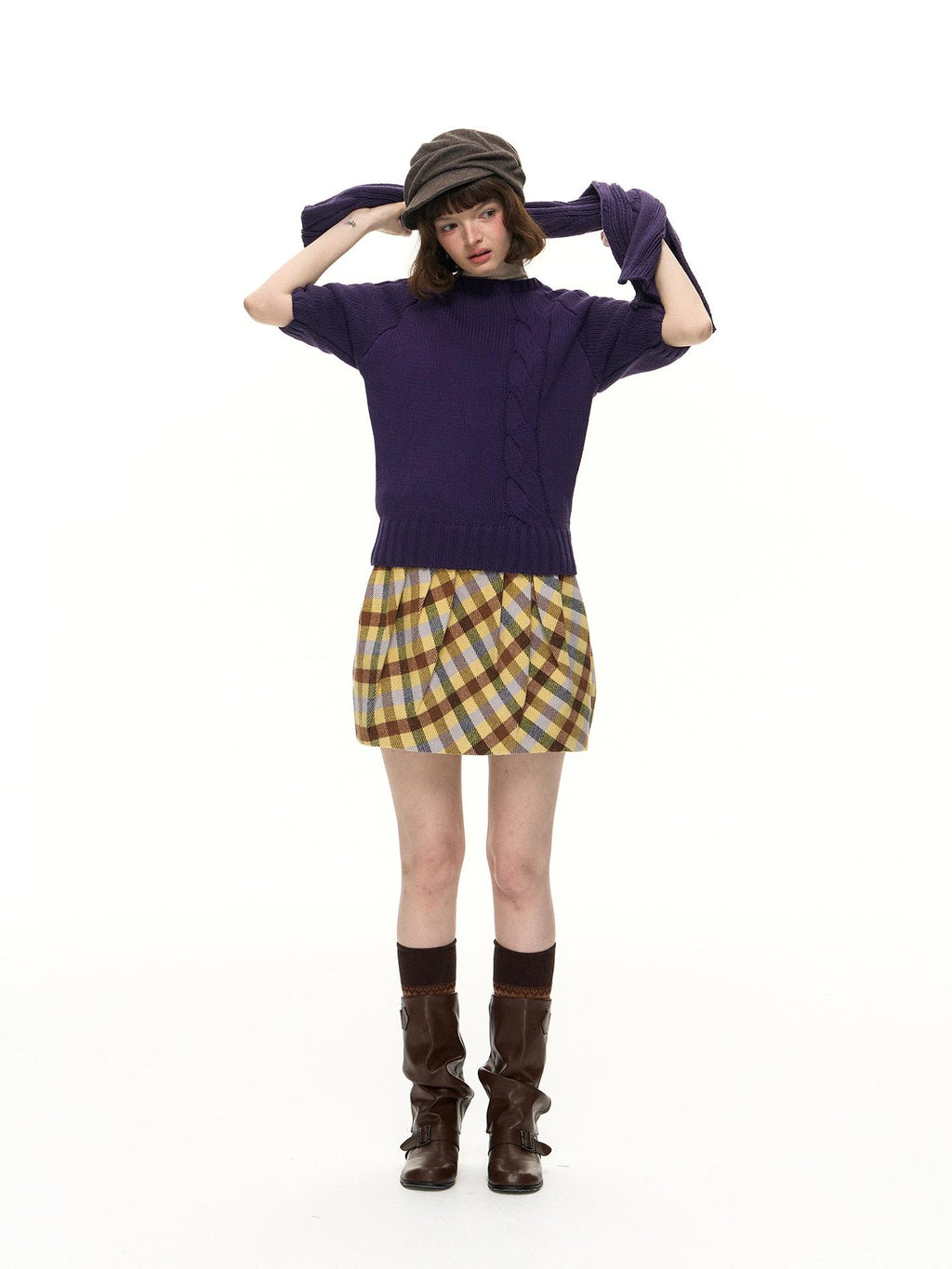 Romance Nanci Yellow Purple Plaid Pleated Pumpkin Women's Polyester Mini Skirts