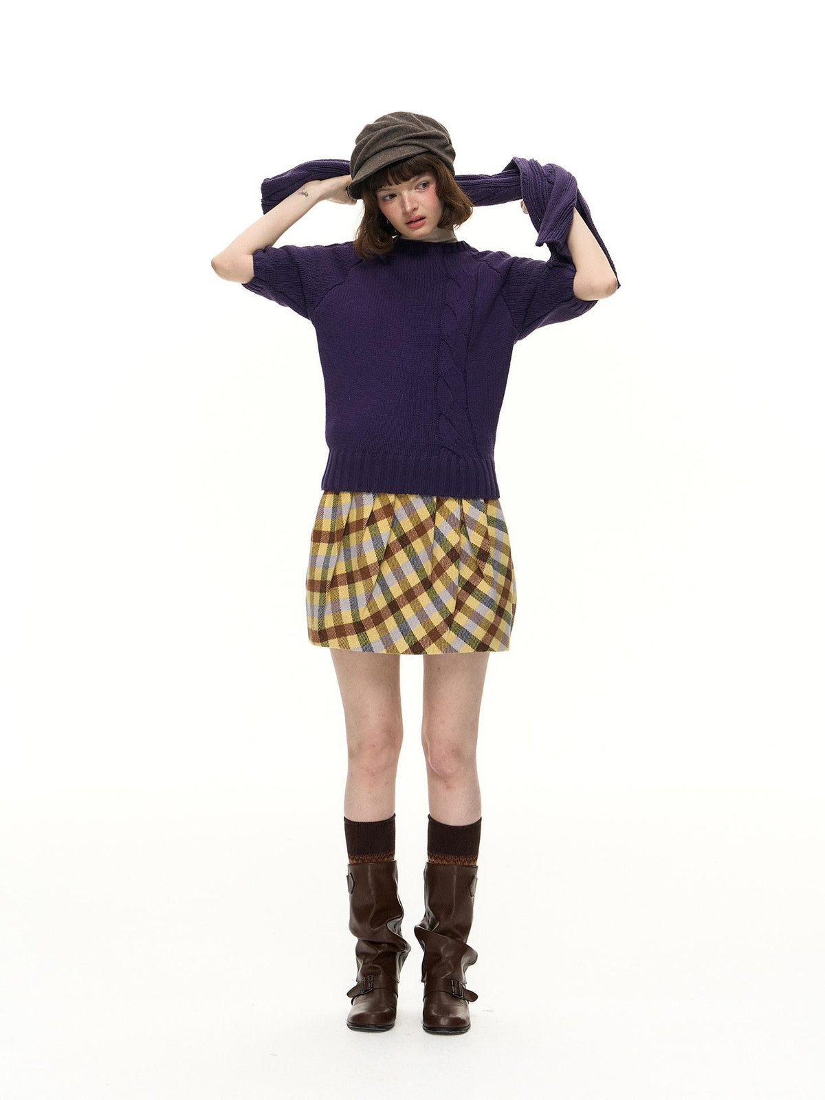 Romance Nanci Yellow Purple Plaid Pleated Pumpkin Women's Polyester Mini Skirts
