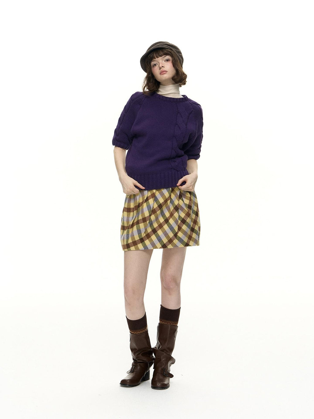 Romance Nanci Yellow Purple Plaid Pleated Pumpkin Women's Polyester Mini Skirts