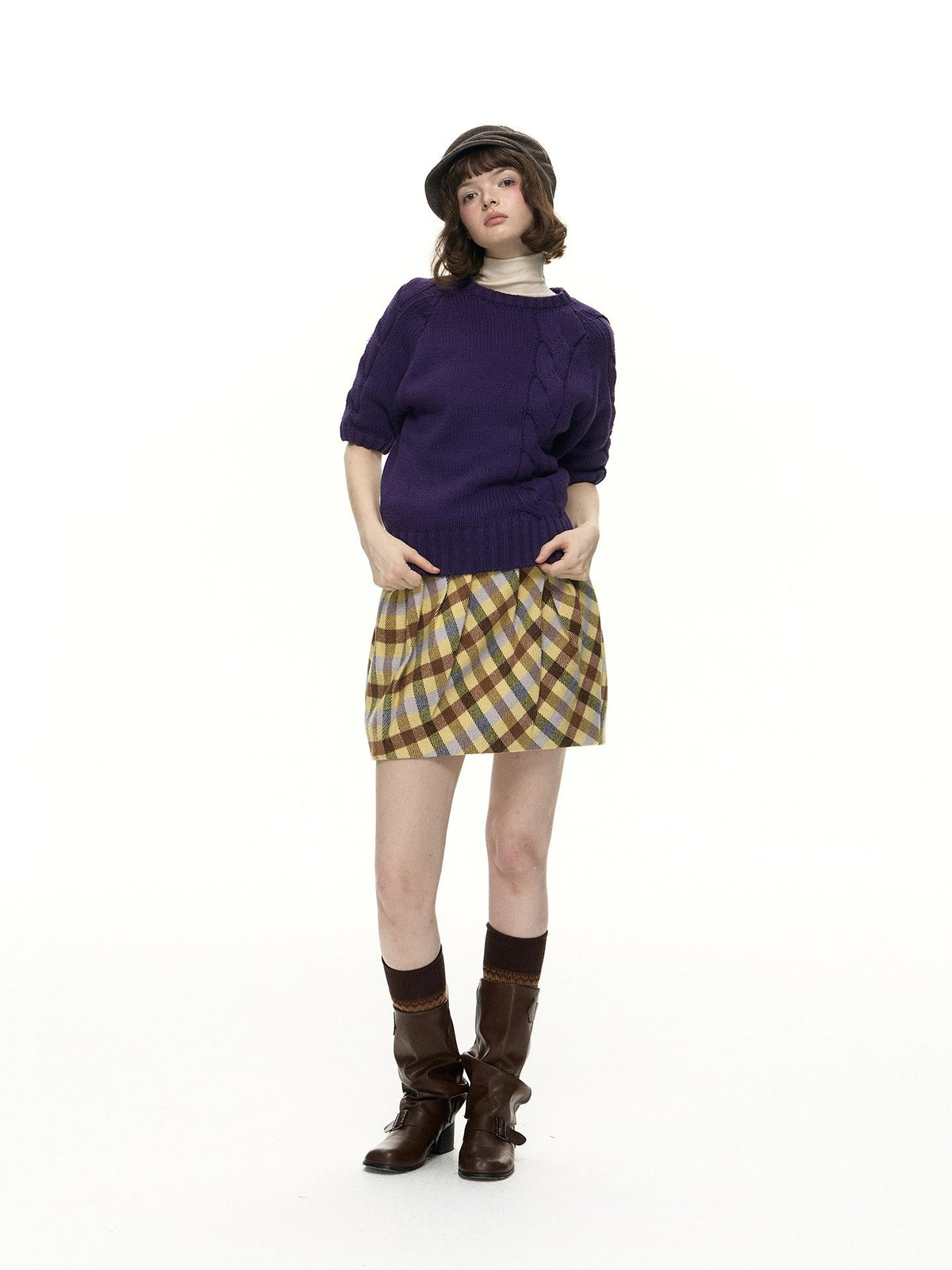 Romance Nanci Yellow Purple Plaid Pleated Pumpkin Women's Polyester Mini Skirts