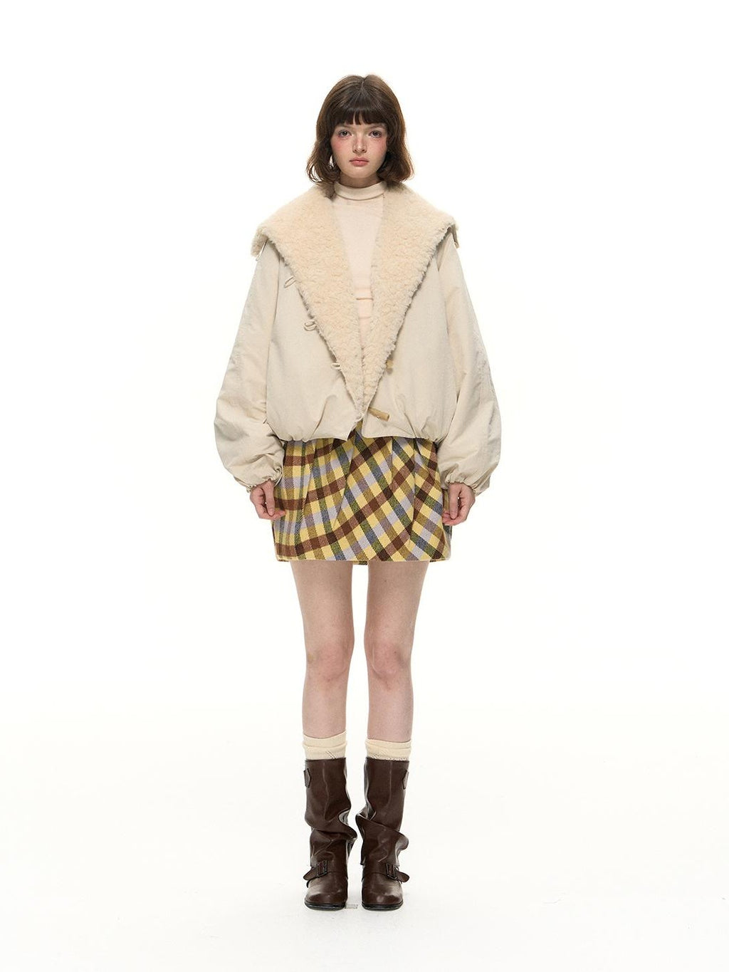 Romance Nanci Yellow Purple Plaid Pleated Pumpkin Women's Polyester Mini Skirts