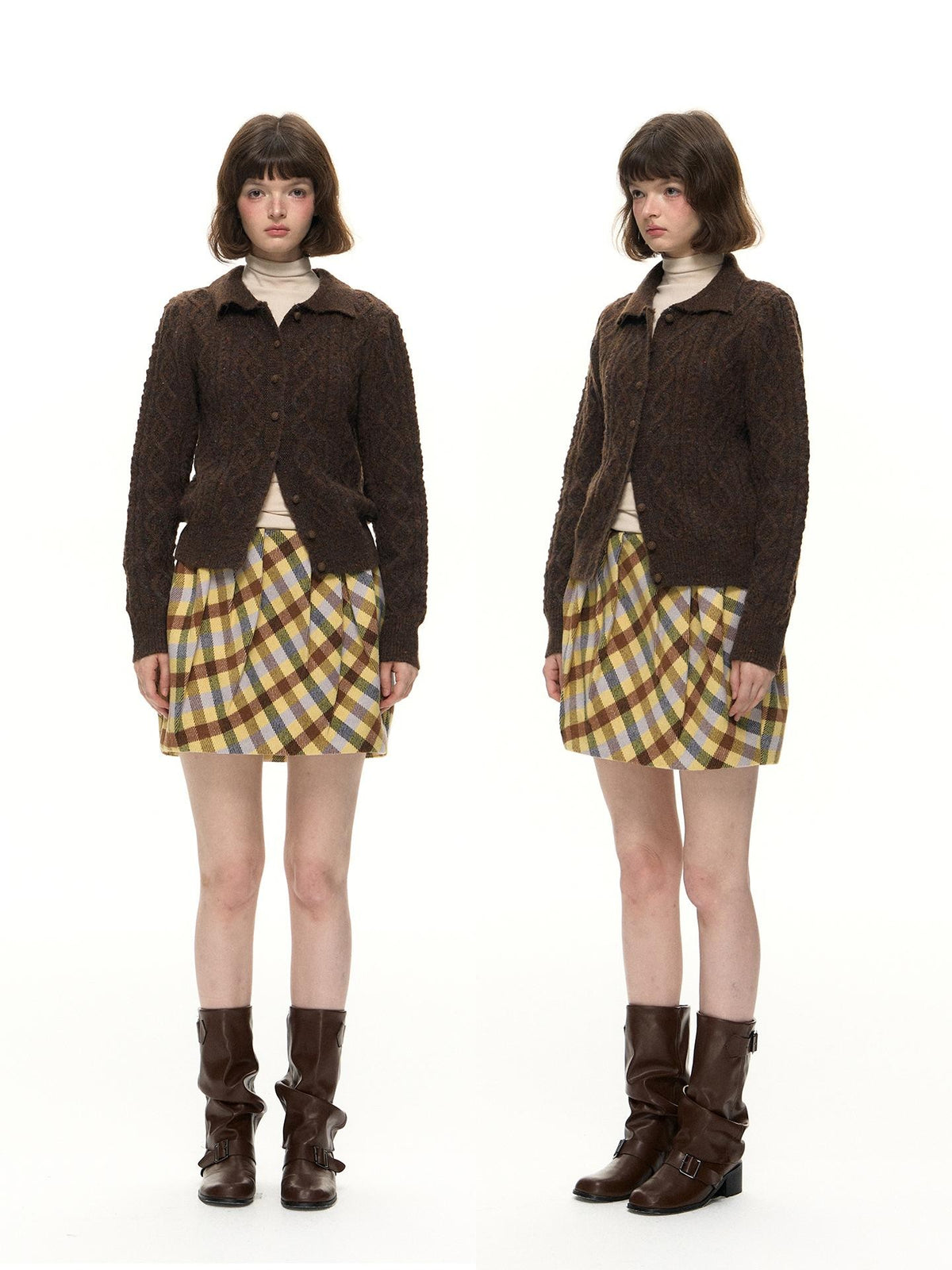 Romance Nanci Yellow Purple Plaid Pleated Pumpkin Women's Polyester Mini Skirts
