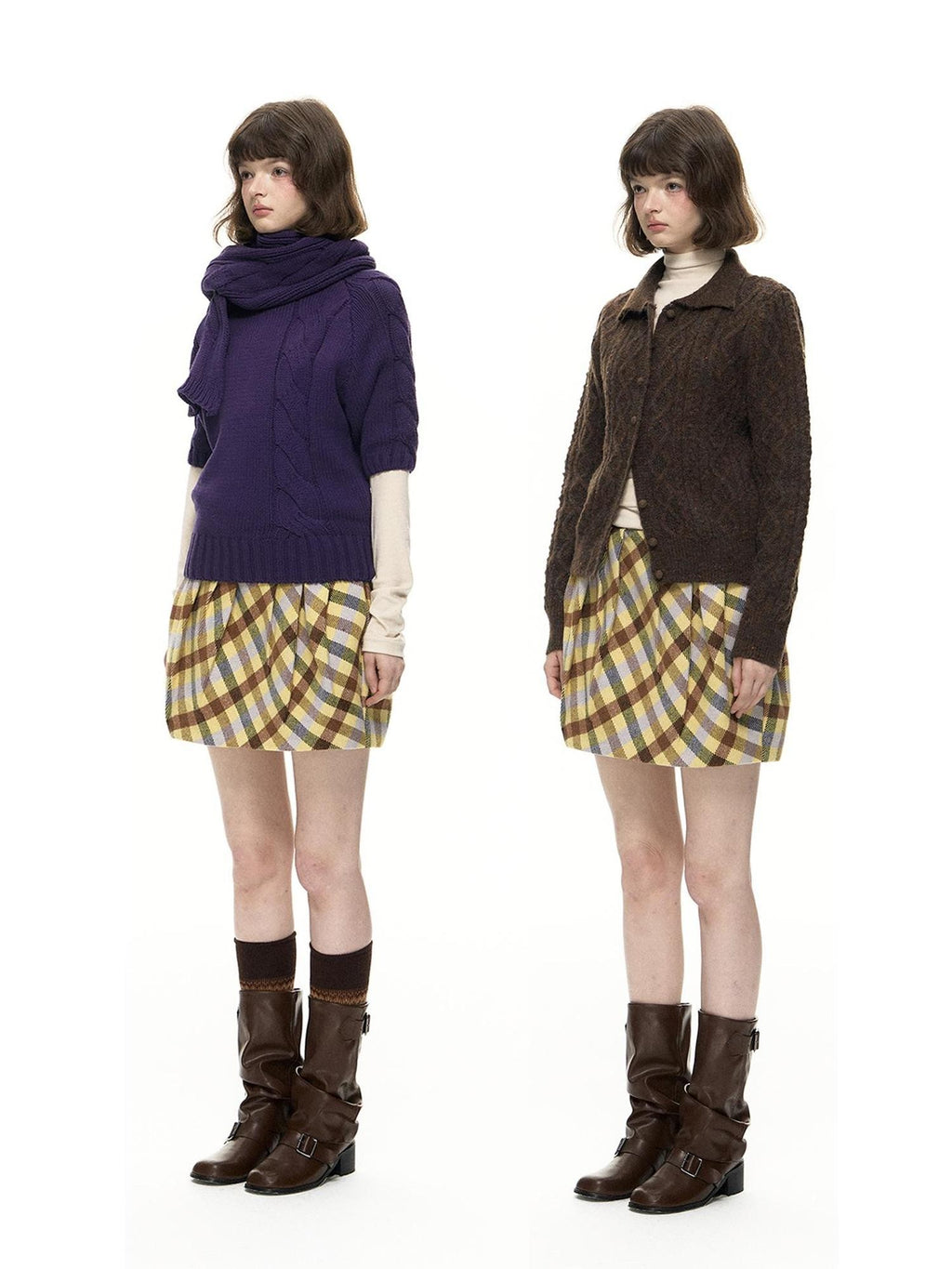 Romance Nanci Yellow Purple Plaid Pleated Pumpkin Women's Polyester Mini Skirts