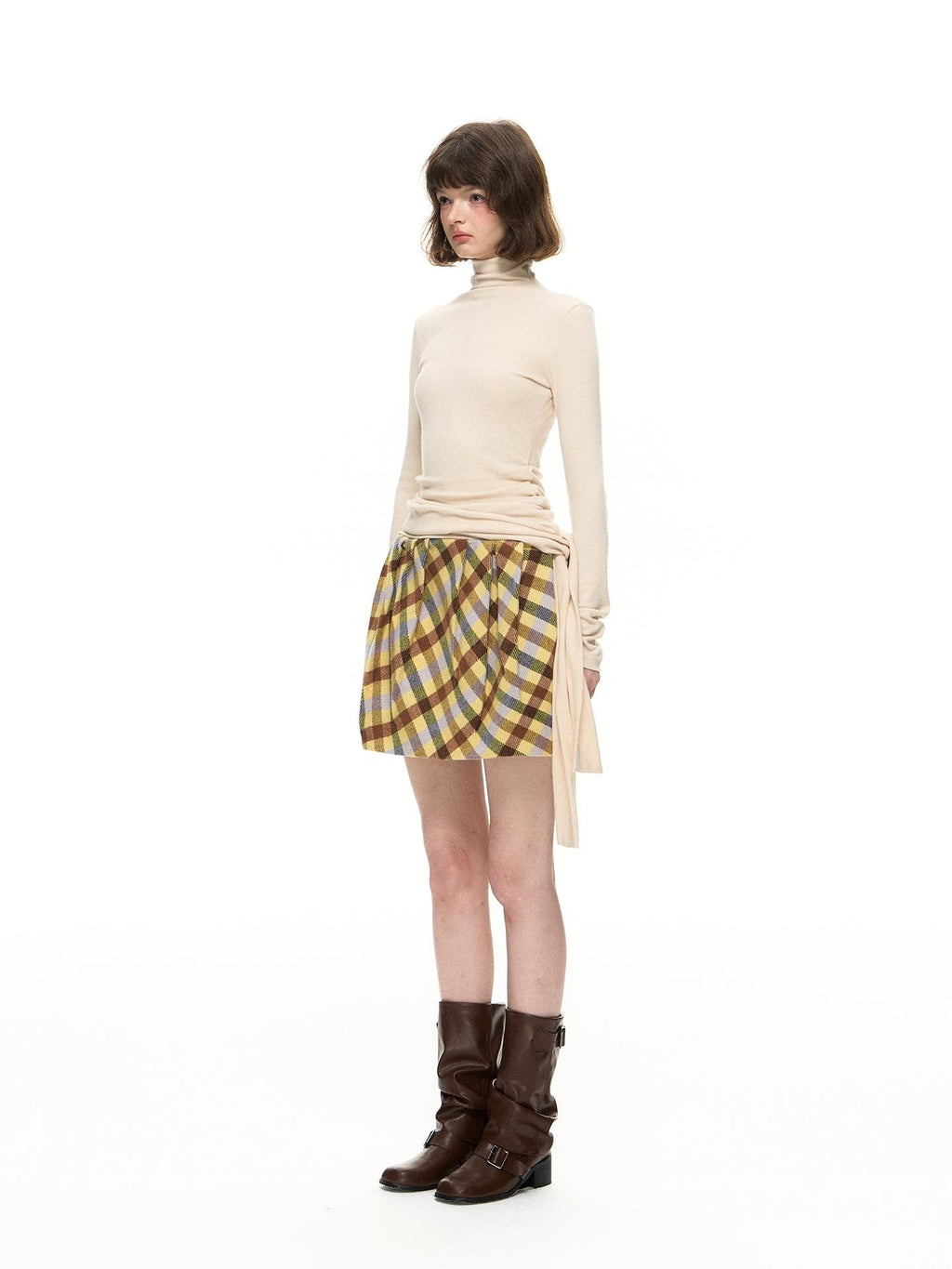 Romance Nanci Yellow Purple Plaid Pleated Pumpkin Women's Polyester Mini Skirts