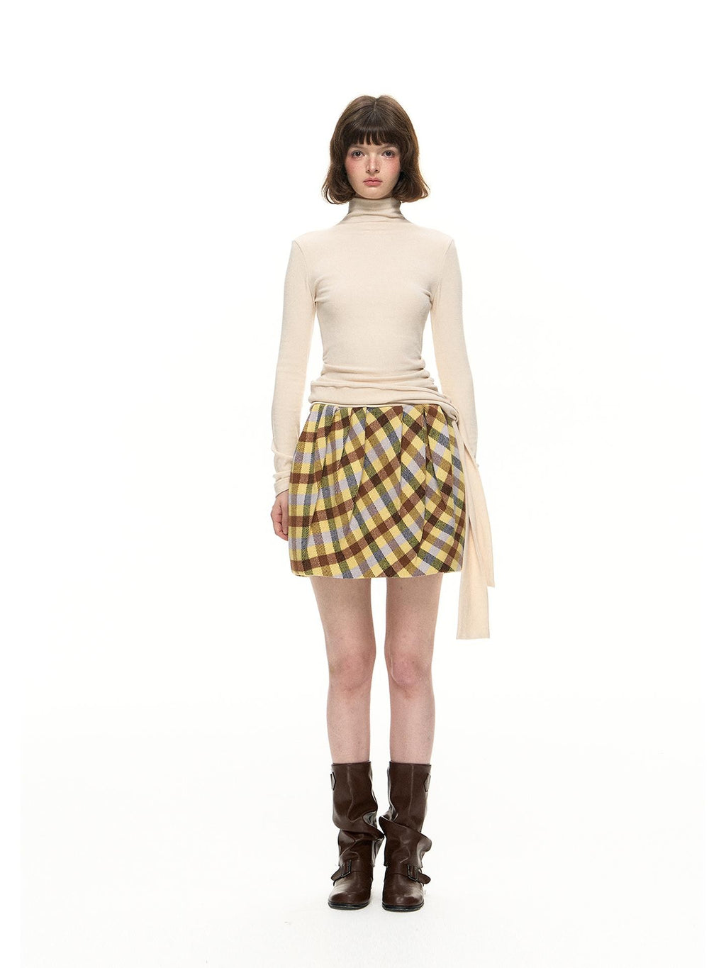 Romance Nanci Yellow Purple Plaid Pleated Pumpkin Women's Polyester Mini Skirts