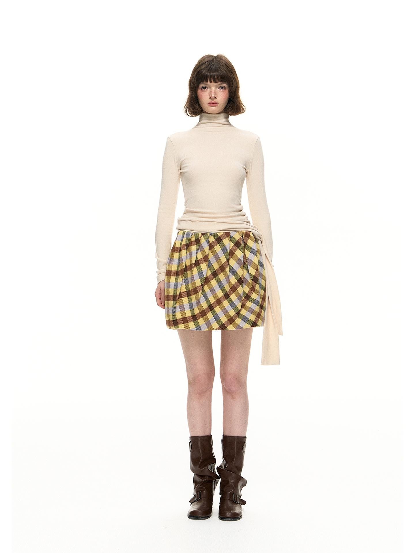 Romance Nanci Yellow Purple Plaid Pleated Pumpkin Women's Polyester Mini Skirts