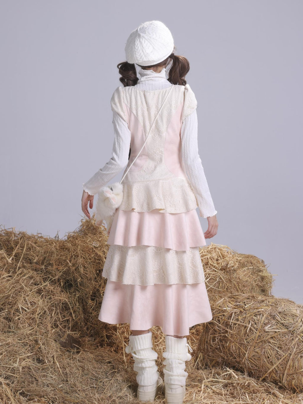 Rose island Asymmetric Faux Suede Lace Spliced Puff Sleeve Women's Casual Maxi Dresses
