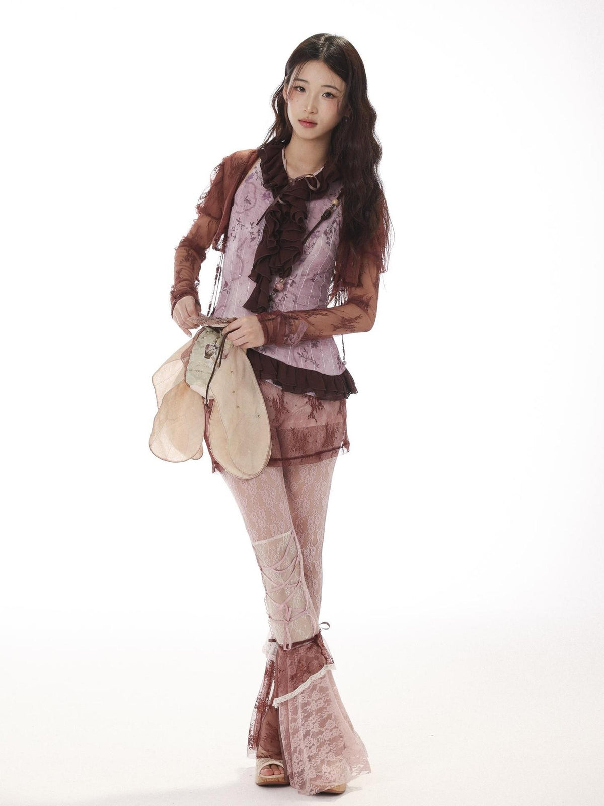 Rose island Asymmetric Patchwork Lace Mesh High Waist Women's Flare Pants