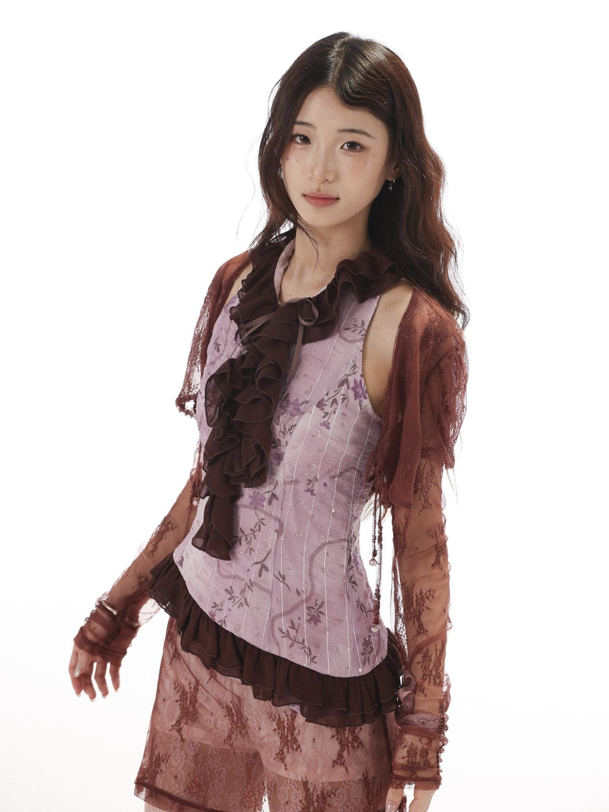 Rose island Asymmetric Patchwork Lace Mesh High Waist Women's Flare Pants
