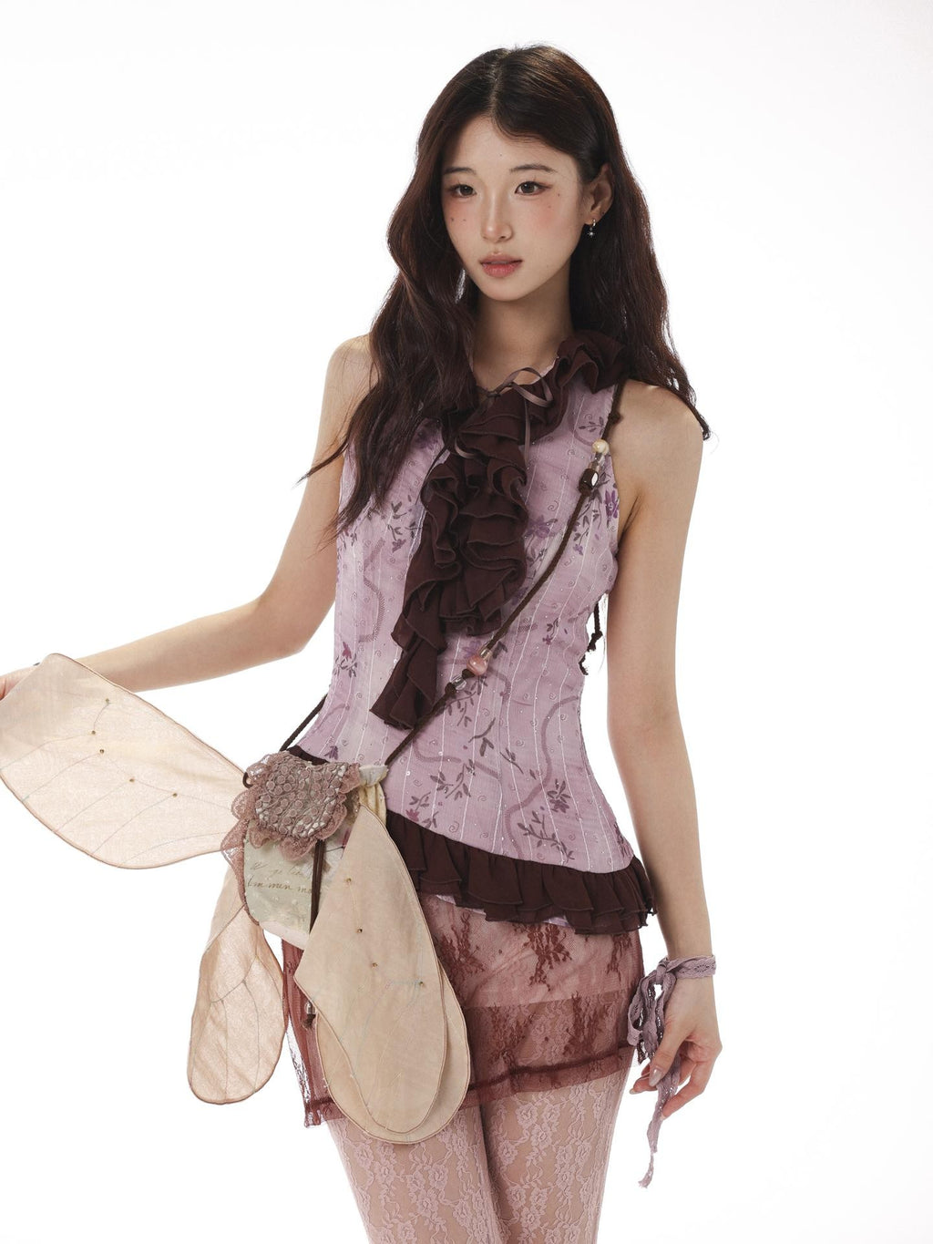 Rose island Asymmetric Patchwork Lace Mesh High Waist Women's Flare Pants