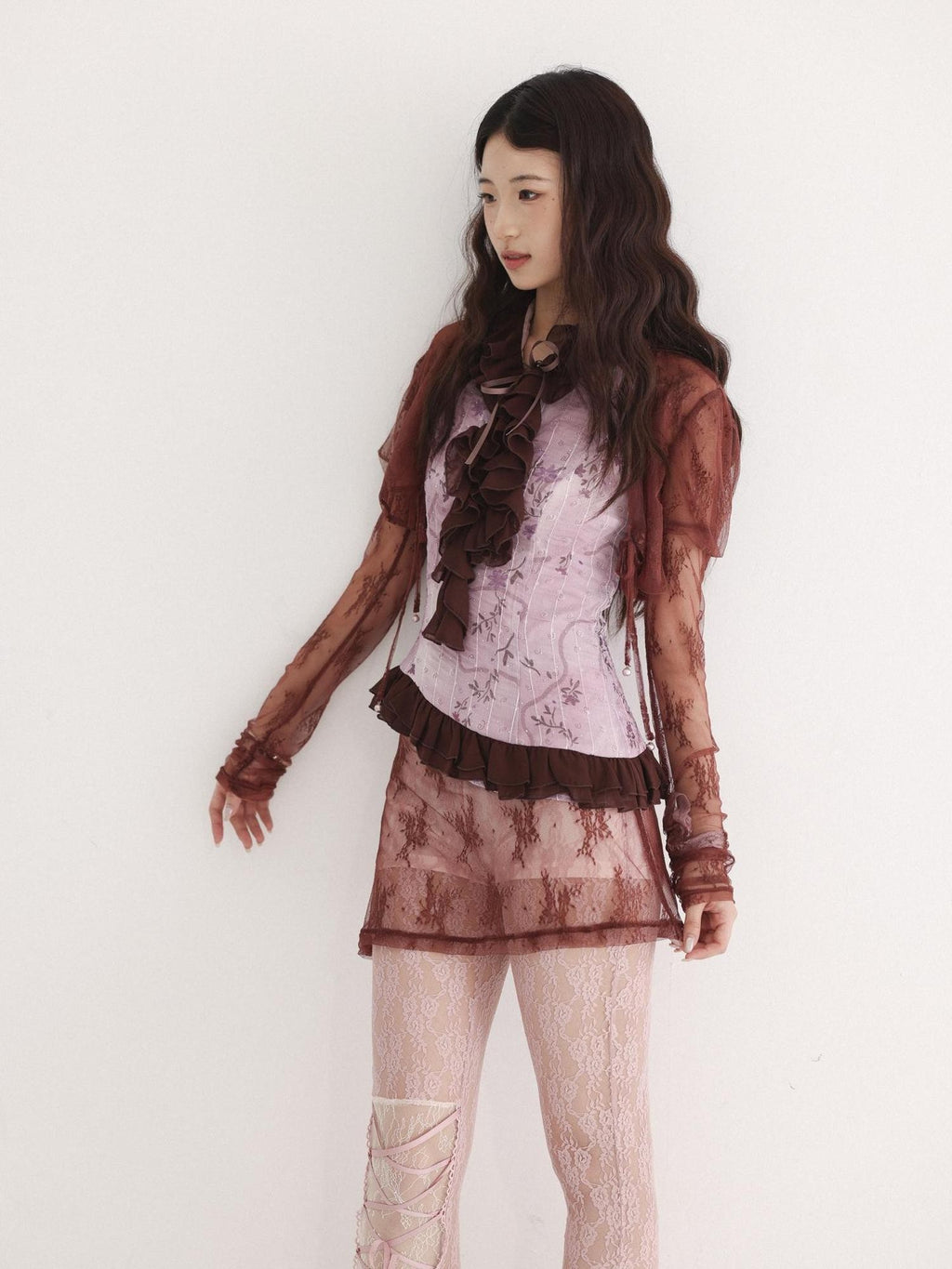 Rose island Asymmetric Patchwork Lace Mesh High Waist Women's Flare Pants