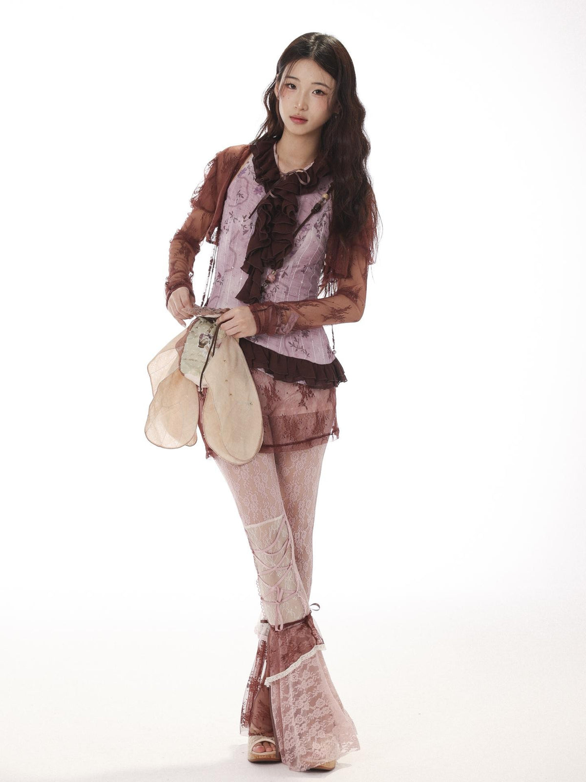 Rose island Asymmetric Patchwork Lace Mesh High Waist Women's Flare Pants