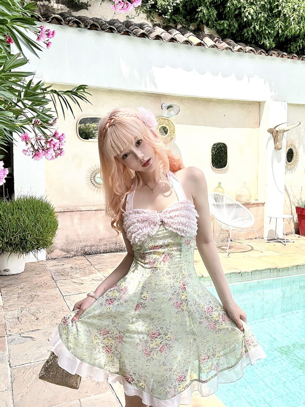 Rose island Bow Floral Contrast Chiffon Women's Halter Midi Dresses