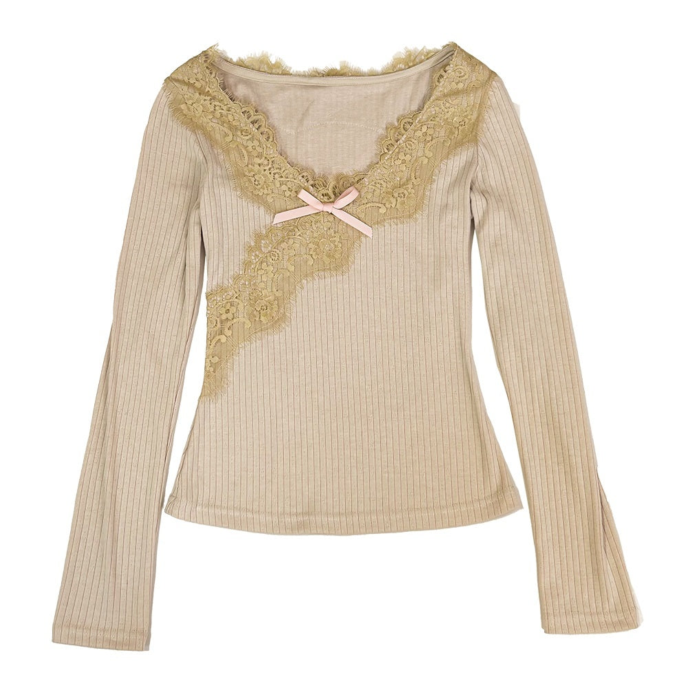 Rose_island_Bow_Lace_Trim_Slim_Fit_V-neck_Women's_Long_Sleeve_T-shirts_898909452907_MISSTT