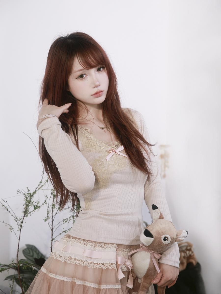 Rose island Bow Lace Trim Slim Fit V-neck Women's Long Sleeve T-shirts