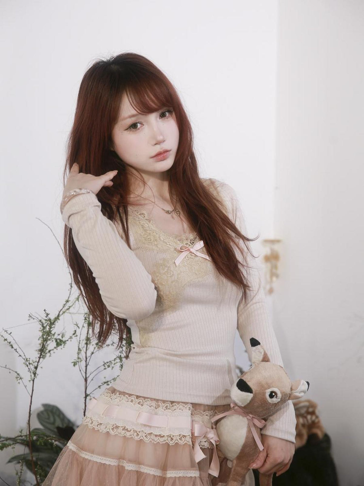 Rose island Bow Lace Trim Slim Fit V-neck Women's Long Sleeve T-shirts