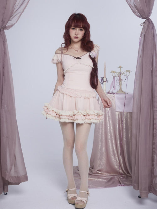 Rose island Bow Trim Ruffled Chiffon Fairycore Women's Slim Fit Matching Skirt Sets
