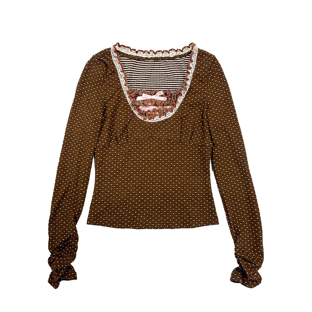 Rose_island_Brown_Polka_Dot_Knit_Lace_Trim_Women's_Cotton_Long_Sleeve_T-shirts_991833663227_MISSTT