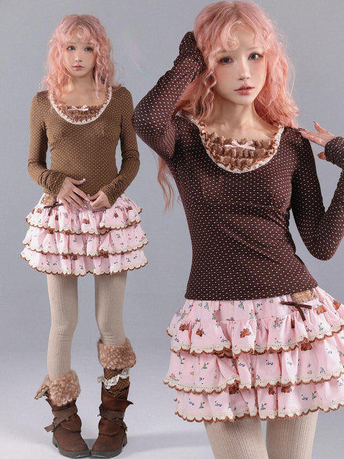 Rose island Brown Polka Dot Knit Lace Trim Women's Cotton Long Sleeve T-shirts