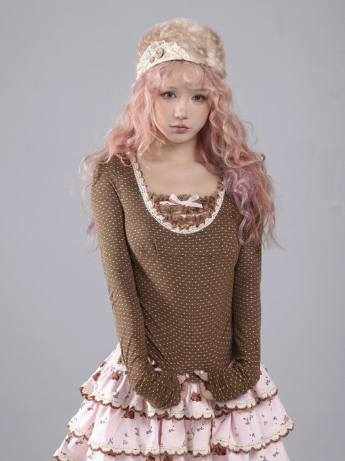 Rose island Brown Polka Dot Knit Lace Trim Women's Cotton Long Sleeve T-shirts