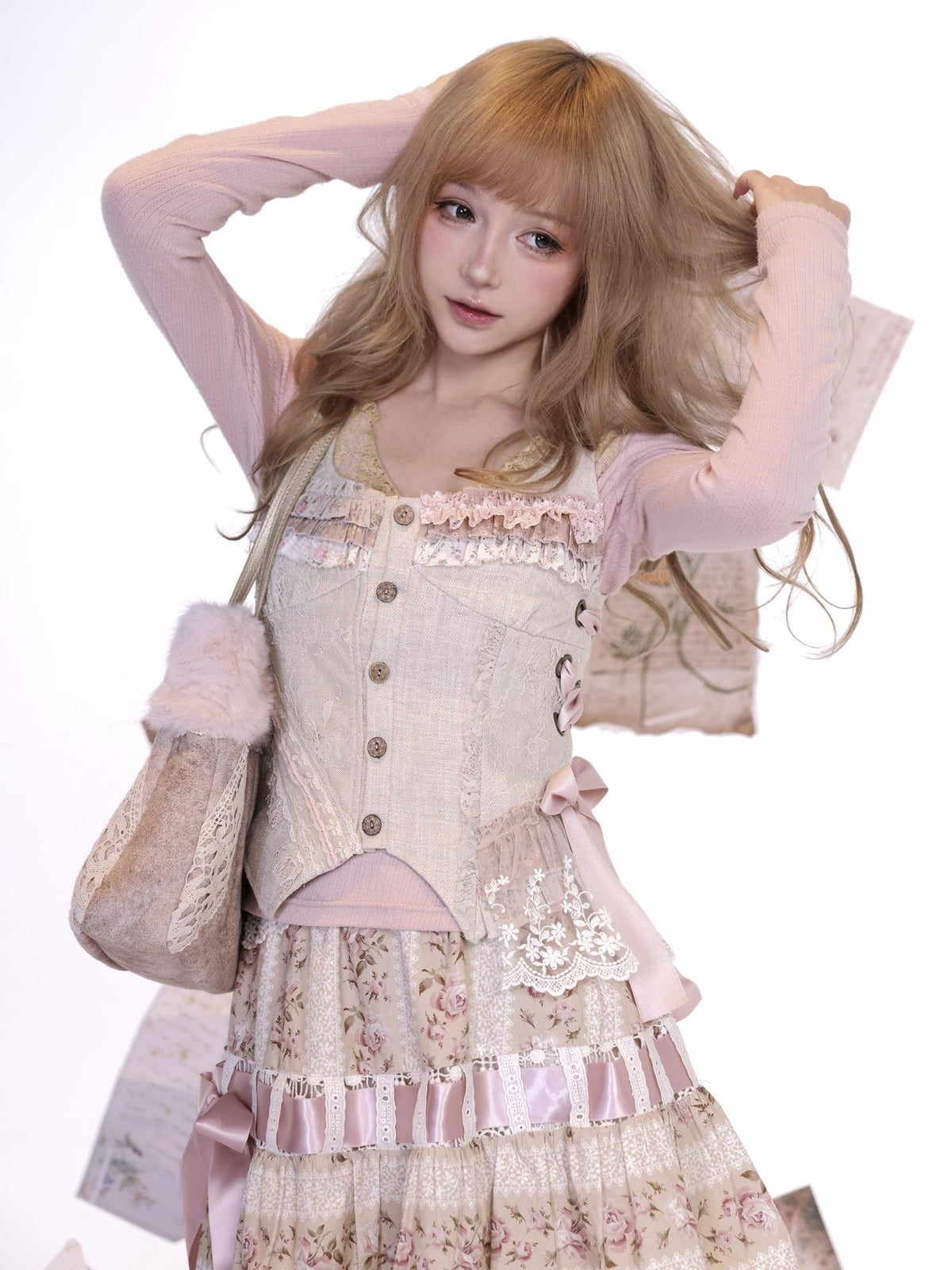 Rose island Cotton Linen Spliced Lace Asymmetric Color Block Drawstring Women's Vests